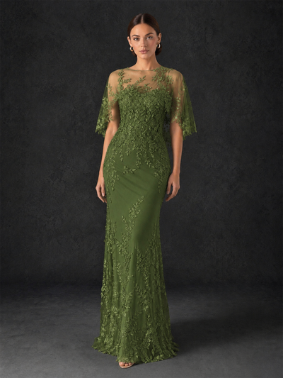 BOLODOO Mocha Rose Botanical Lace Flutter Sleeve Mermaid Gown - Olive Green - Olive Green