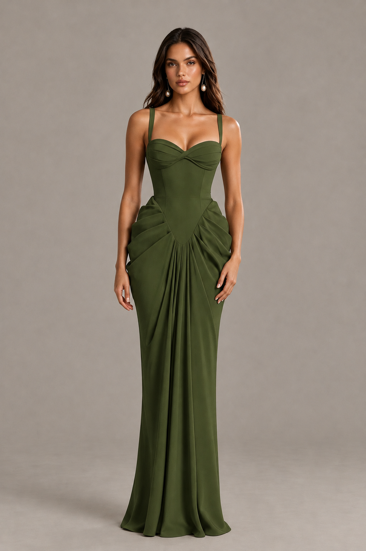BOLODOO Olive Green Sweetheart Ruched Lace-Up Back Evening Gown - Olive Green - Olive_Green_1