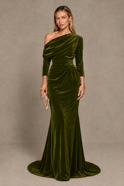 BOLODOO Olive Green Velvet Asymmetric Neck Mermaid Evening Dress - Olive Green - Olive Green_1