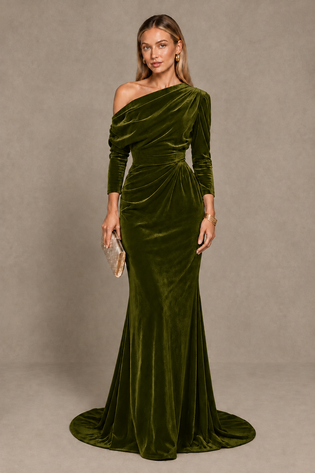 BOLODOO Olive Green Velvet Asymmetric Neck Mermaid Evening Dress - Olive Green - Olive Green_1