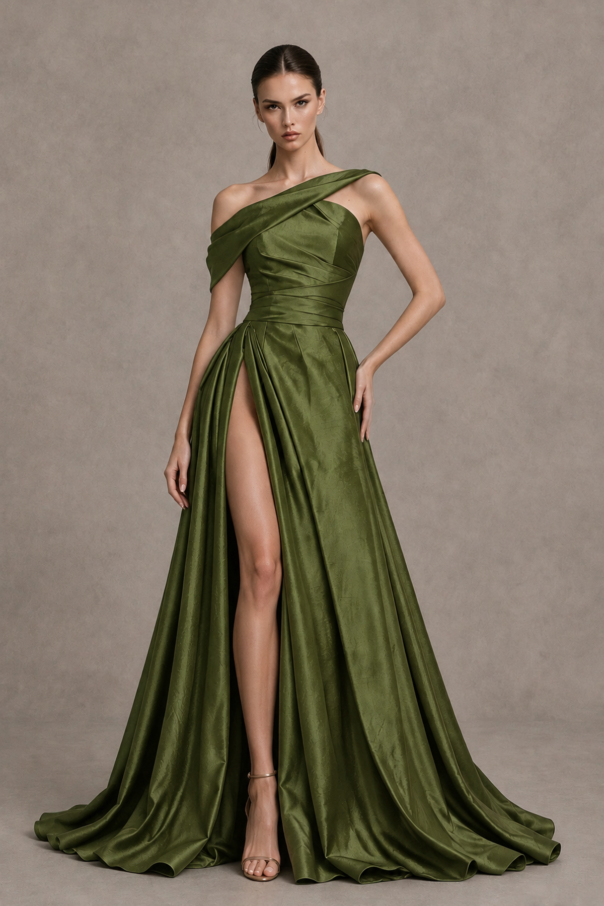 BOLODOO Olive Green Asymmetric Satin-Look A-Line Prom Dress with High Slit - Olive Green - Olive Green_1