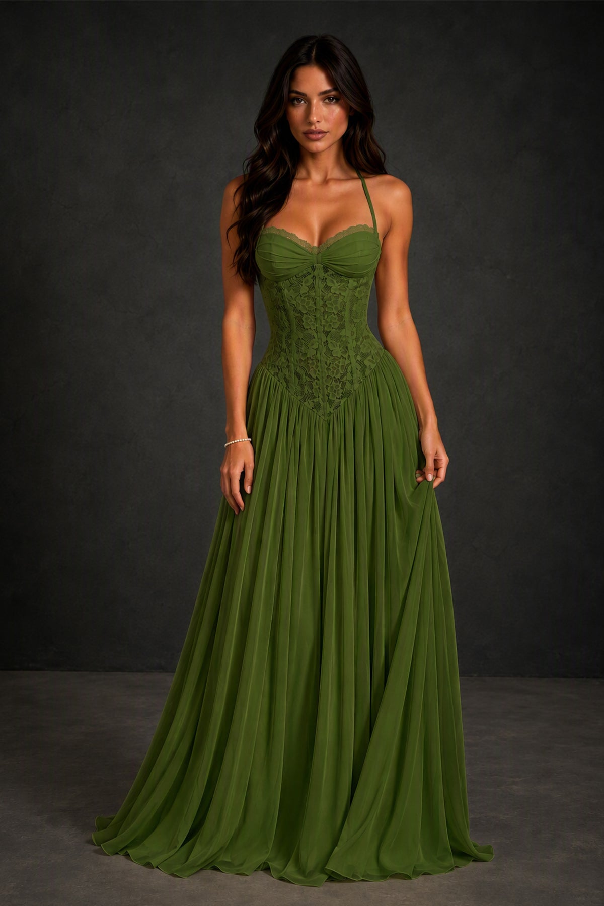 BOLODOO Olive Green Lace Corset Halter Maxi Gown – Backless A-Line Formal Dress - Olive Green