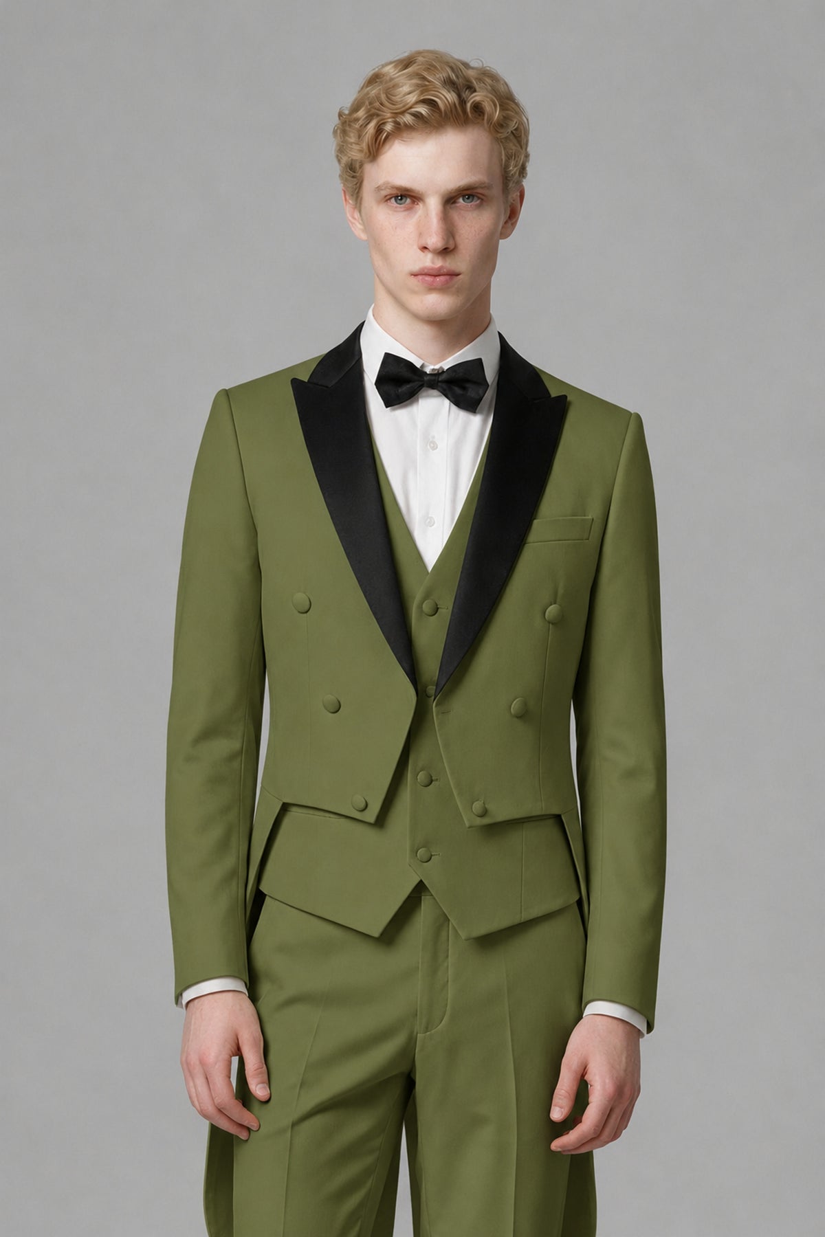 Bolodoo Men's Olive Green 3-Piece Tailcoat Tuxedo Suit with Vest & Trousers - Olive Green - Olive Green_1