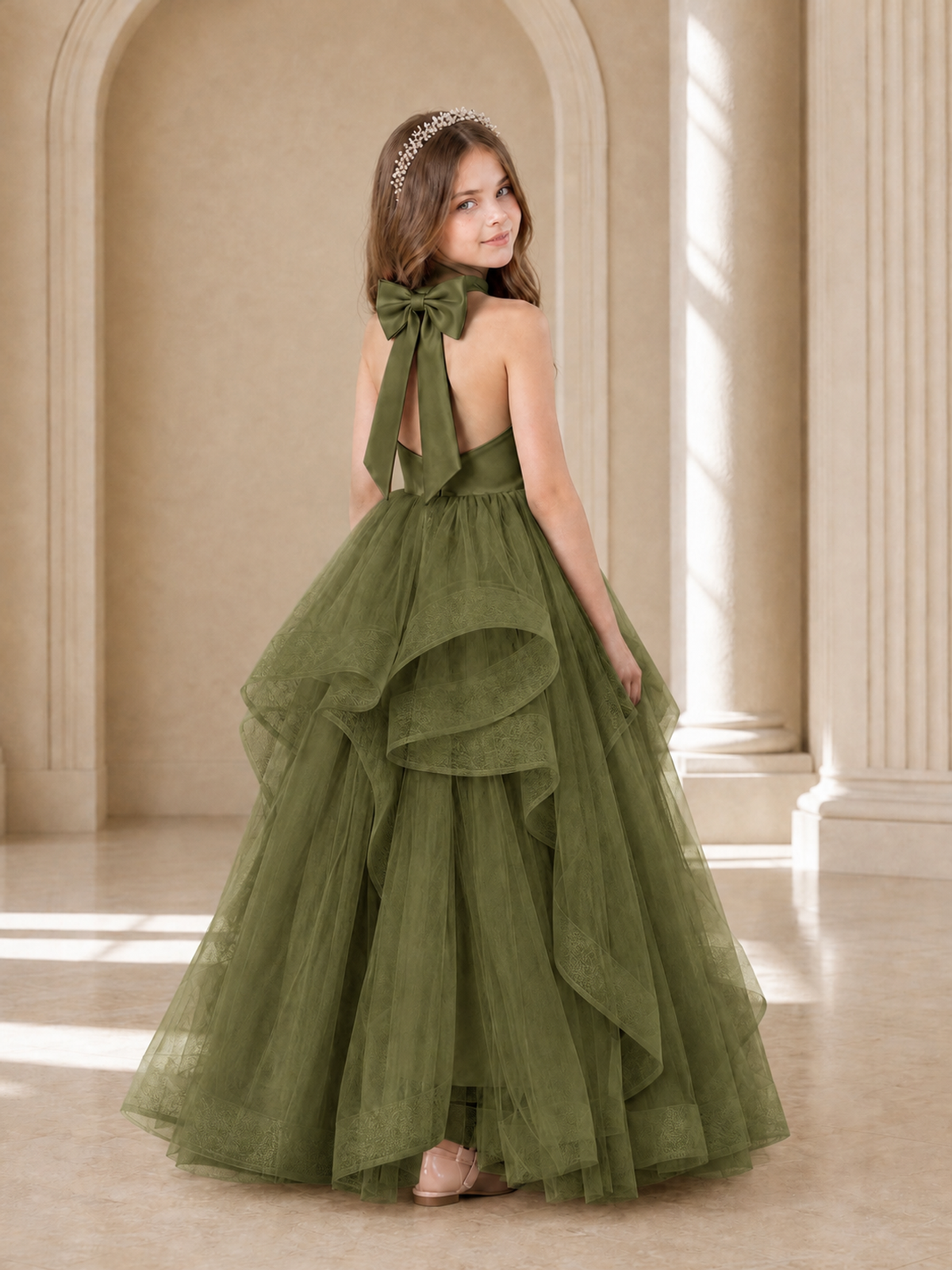 BOLODOO Olive Green Halter Tiered Tulle Flower Girl Dress with Bow Back - Olive Green - Olive Green_1