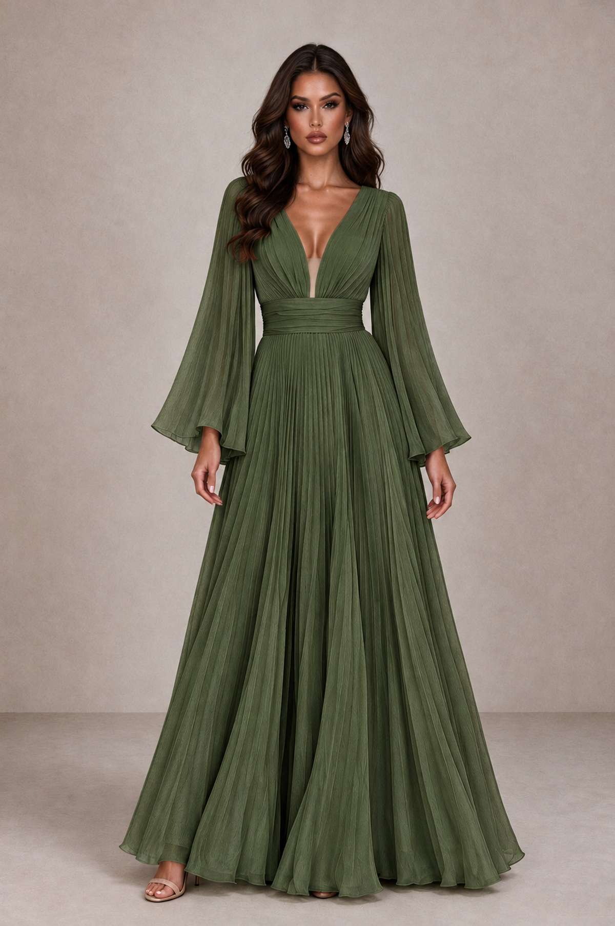 BOLODOO Olive Green Pleated Deep V-Neck Long Bell Sleeve Evening Dress - Olive Green - Olive_Green_1