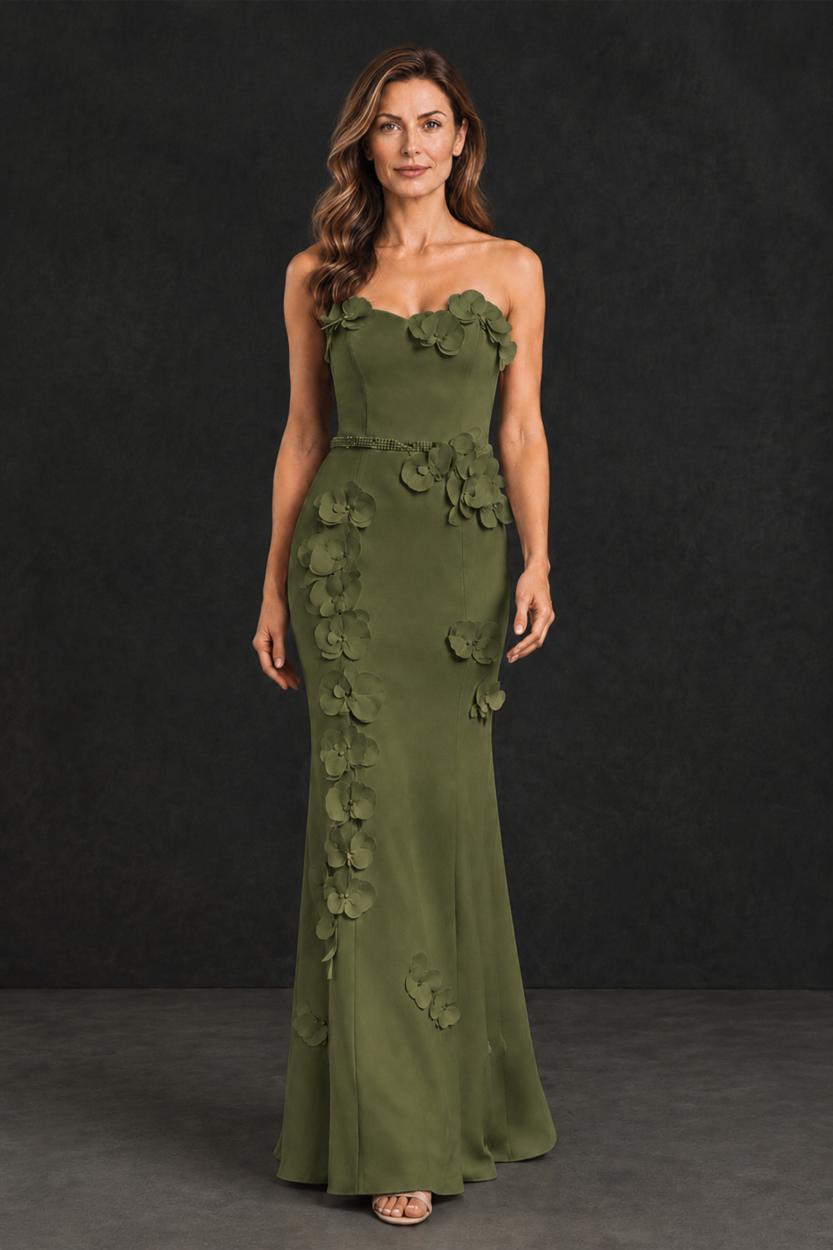 BOLODOO Olive Green Strapless Mother of the Bride Dress with 3D Floral Appliques - Olive Green - Olive_Green_1