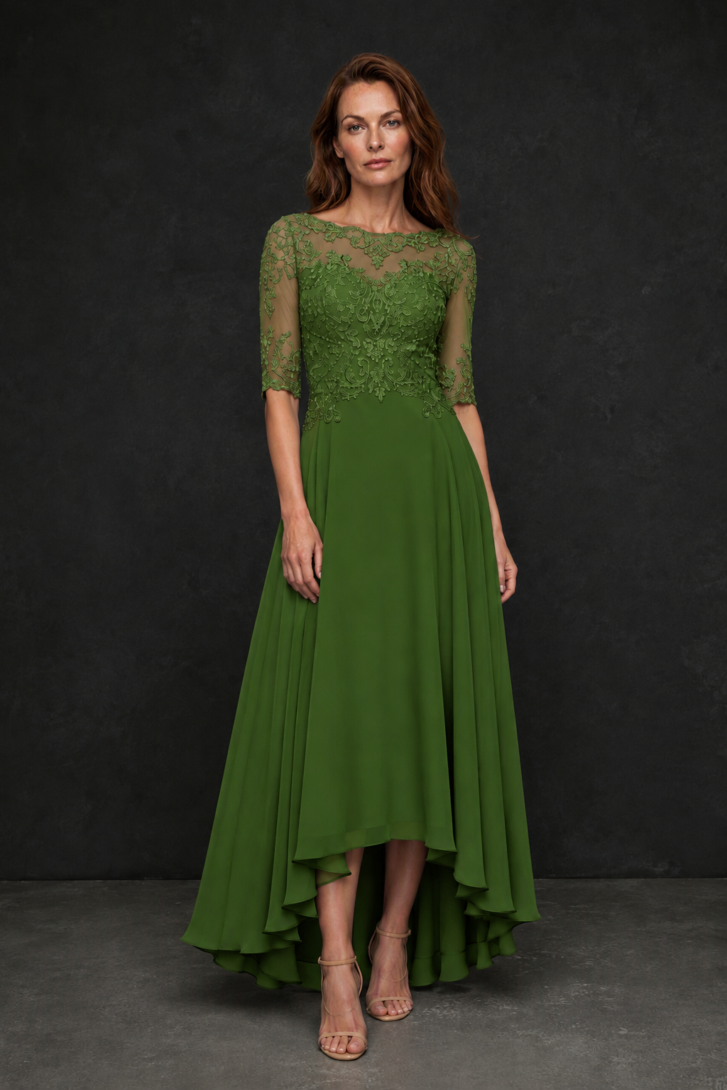 BOLODOO Olive Green Illusion Lace 3/4 Sleeve Hi-Lo Chiffon A-Line Dress | Mother of the Bride Tea Length Dress - Olive Green