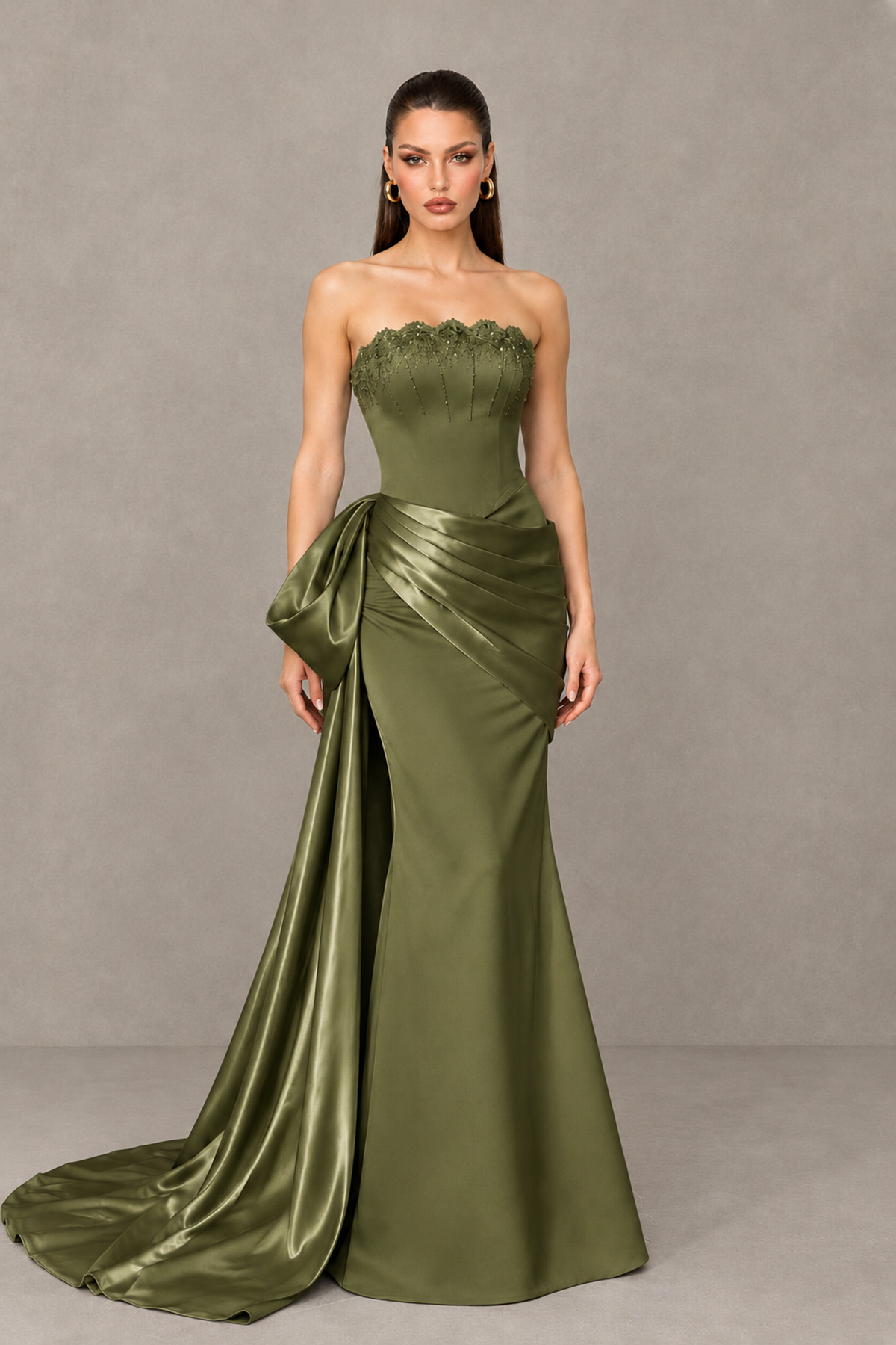 BOLODOO Olive Green Strapless Satin Prom Dress with Draped Side Train - Olive Green - Olive_Green_1
