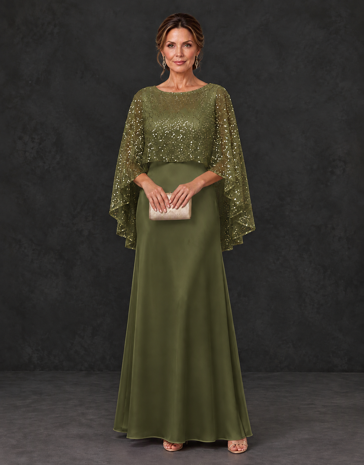 BOLODOO Olive Green Sparkle Cape Sleeve Mother of the Bride Dress - Olive Green - Olive_Green_1