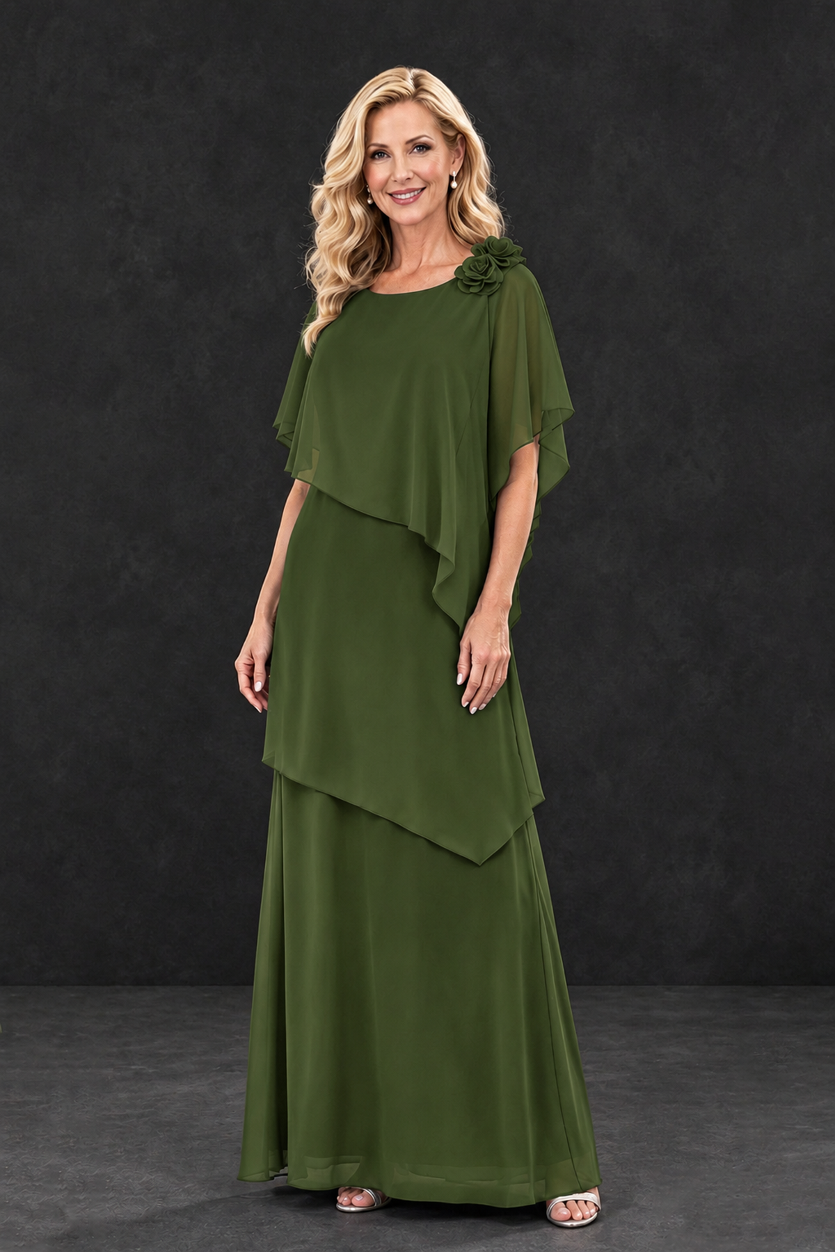 BOLODOO Olive Green Tiered Flutter Sleeve Mother of the Bride Maxi Dress - Olive Green - Olive Green_1