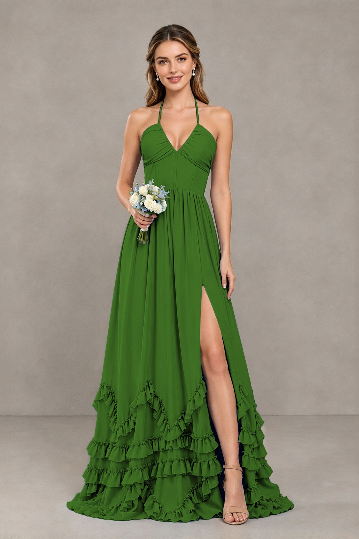 BOLODOO Olive Green Halter Ruffle Hem A-Line Bridesmaid Dress with High Slit - Olive Green - Olive Green(1)