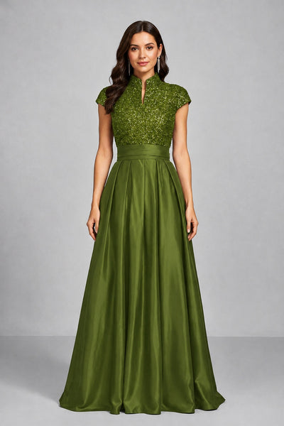 BOLODOO Olive Green Sequin Embroidered High Neck Cap Sleeve A-Line Ball Gown – Formal Evening Dress - Olive Green