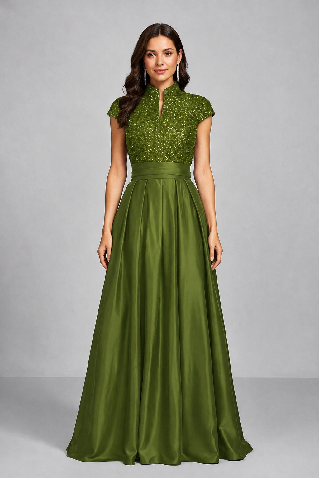 BOLODOO Olive Green Sequin Embroidered High Neck Cap Sleeve A-Line Ball Gown – Formal Evening Dress - Olive Green