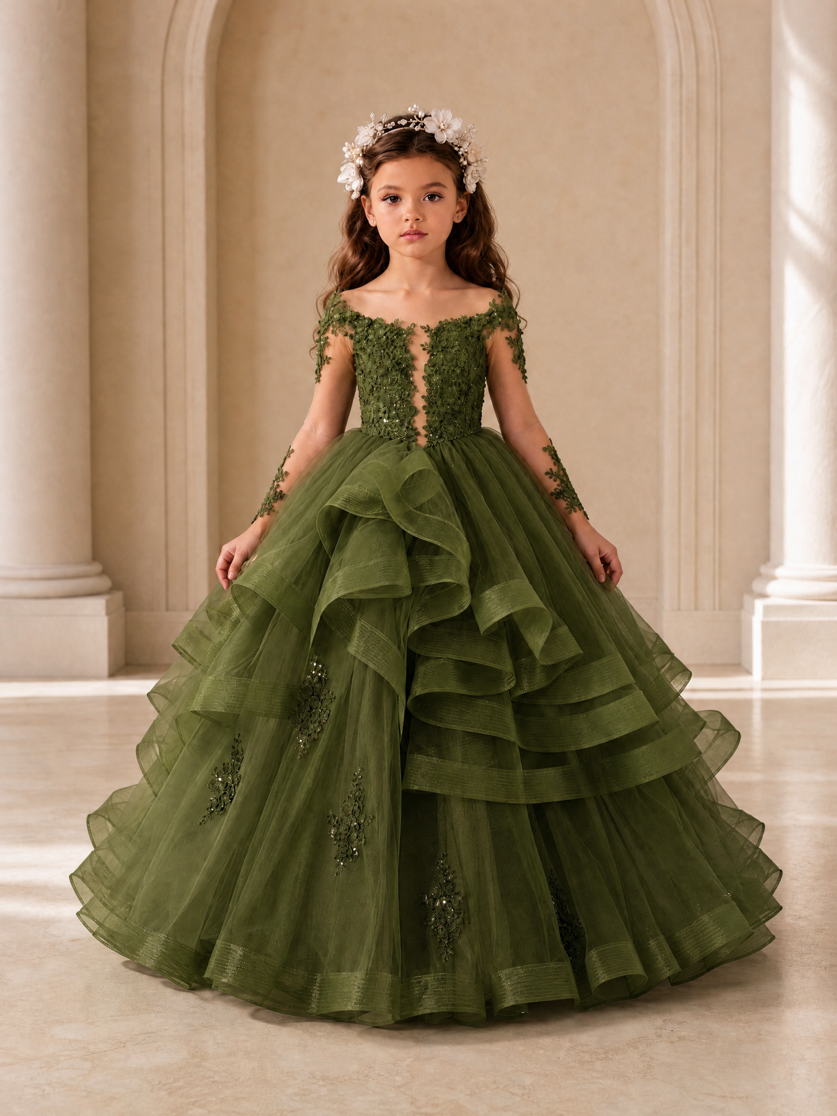 BOLODOO Olive Green Lace Long Sleeve Tiered Flower Girl Dress - Olive Green - Olive_Green_1