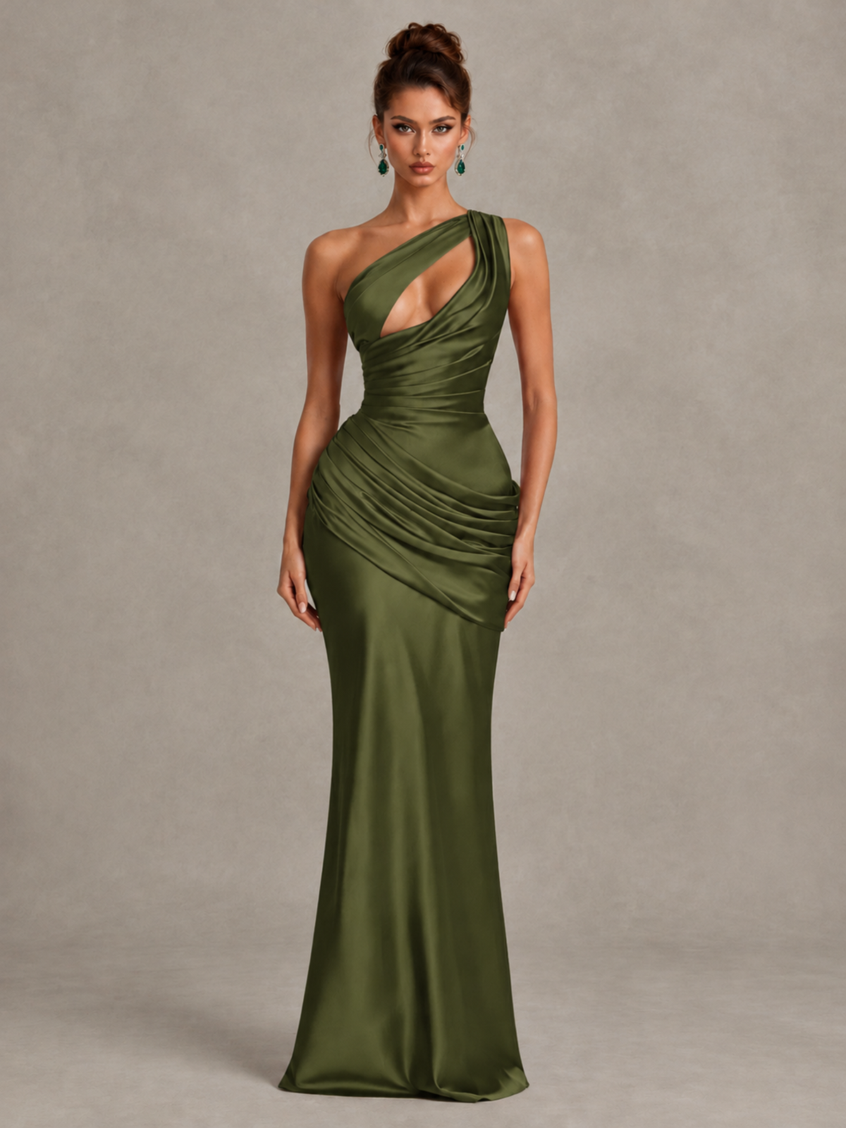 BOLODOO Olive Green One-Shoulder Cutout Satin Mermaid Prom Dress - Olive Green - Olive Green_1
