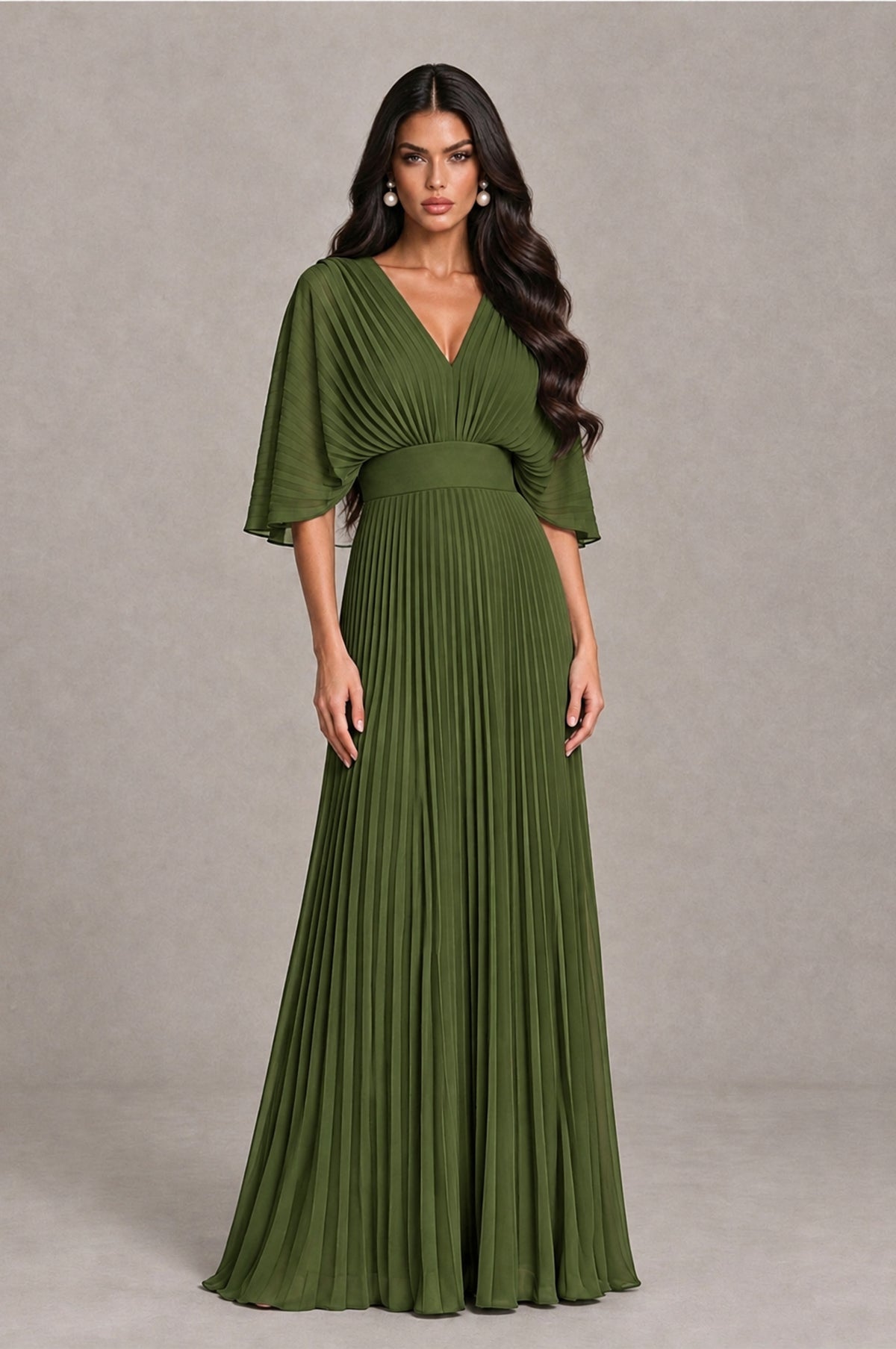 BOLODOO Olive Green V-Neck Pleated Flutter Sleeve Formal Dress - Olive Green - Olive Green_1