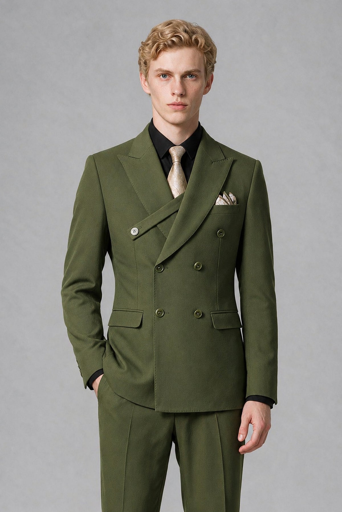 BOLODOO Men's Olive Green Double-Breasted Two-Piece Suit – Jacket & Trousers - Olive Green