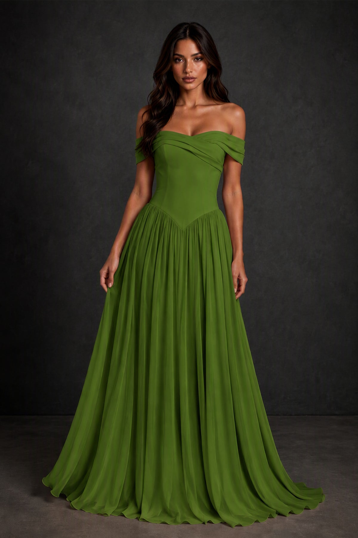 BOLODOO Olive Green Off-Shoulder Sweetheart Corset Pleated Chiffon Maxi Dress - Olive Green