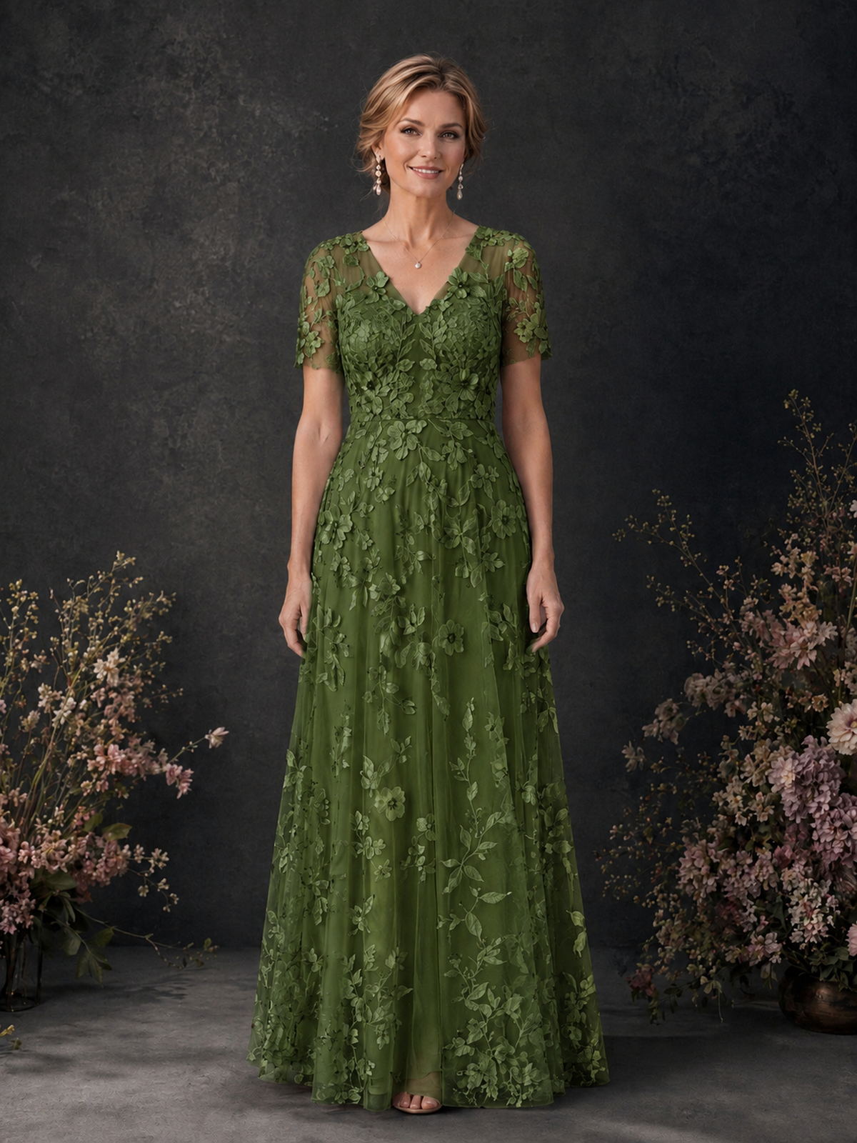 BOLODOO Olive Green 3D Floral Embroidered Lace V-Neck Short Sleeve A-Line Maxi Dress - Olive Green