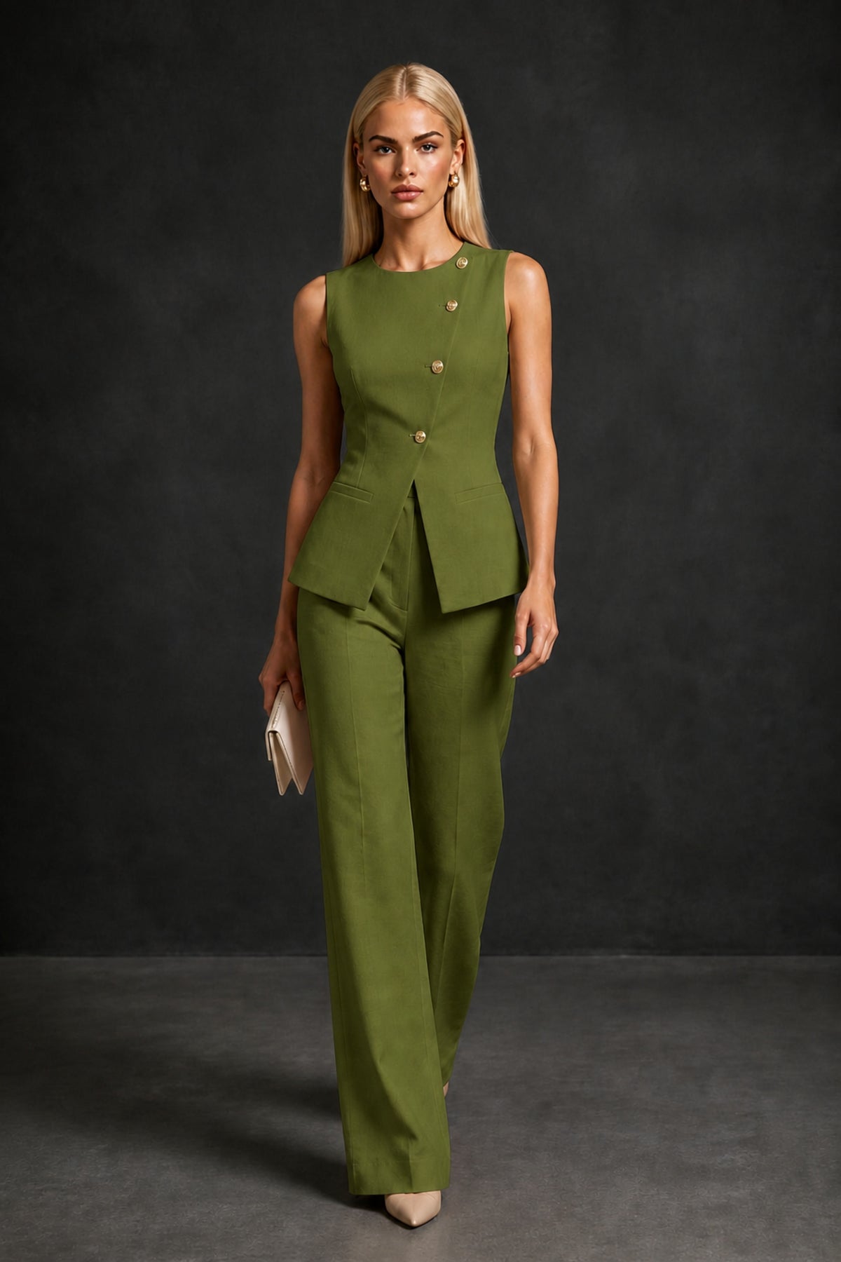 BOLODOO Olive Green Sleeveless Vest Top & Wide-Leg Trousers Two-Piece Suit Set – Olive Green Button Asymmetric Formal Set - Olive Green