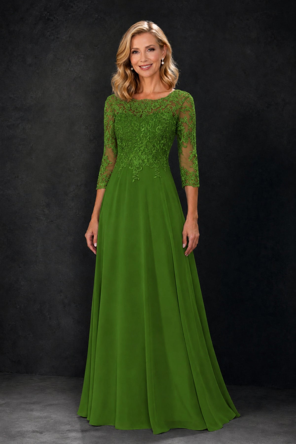 BOLODOO Olive Green Lace Embroidered Mother of the Bride Dress with 3/4 Sleeves - Olive Green