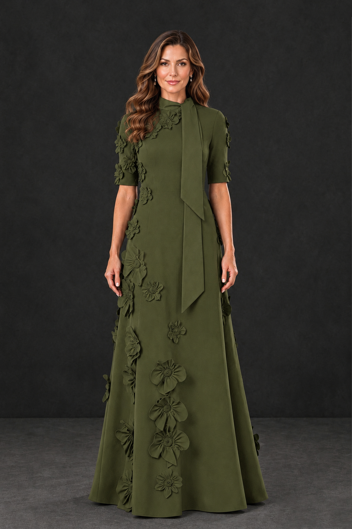 BOLODOO Olive Green Floral Applique High-Neck Half-Sleeve Gown - Olive Green - Olive Green_1