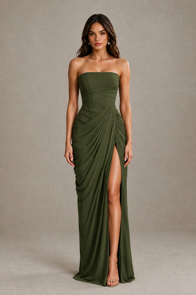 BOLODOO Strapless Draped Maxi Dress - Olive Green Backless Evening Gown with High Slit - Olive Green - Olive Green_1