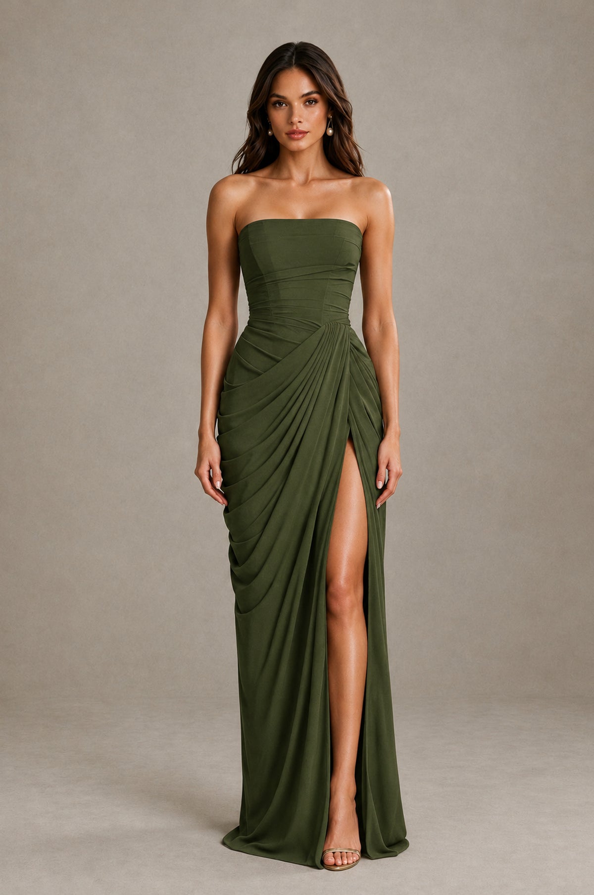 BOLODOO Strapless Draped Maxi Dress - Olive Green Backless Evening Gown with High Slit - Olive Green - Olive Green_1