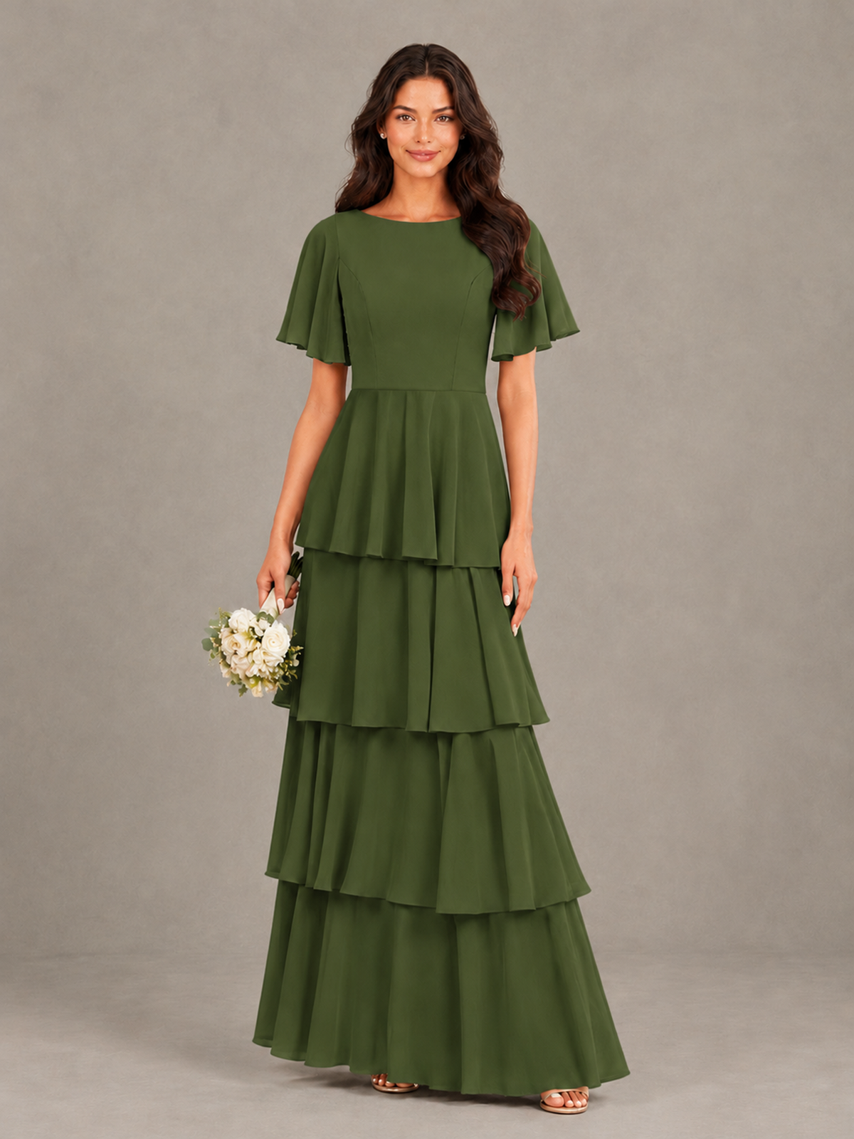 BOLODOO Olive Green Tiered Flutter Sleeve Bridesmaid Dress - Olive Green - Olive Green_1