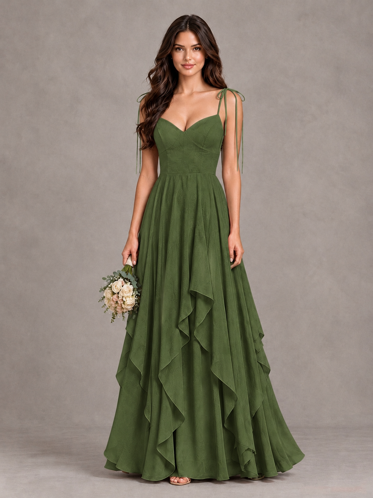 BOLODOO Olive Green Tie-Strap Ruffle A-Line Bridesmaid Dress - Olive Green - Olive Green_1