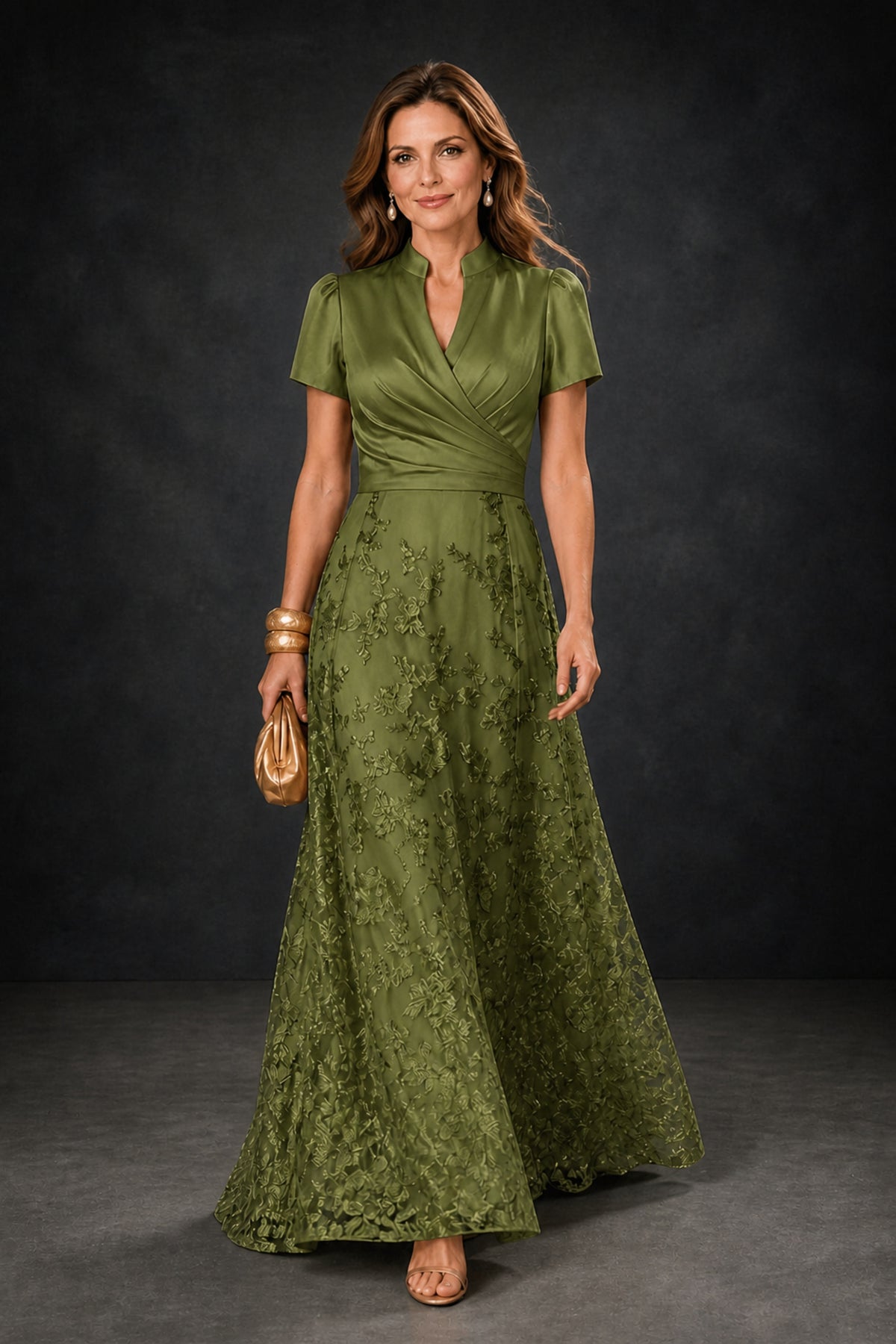 BOLODOO Olive Green Satin Wrap V-Neck Short Sleeve Lace Glitter A-Line Floor Length Evening Gown – Formal Dress - Olive Green