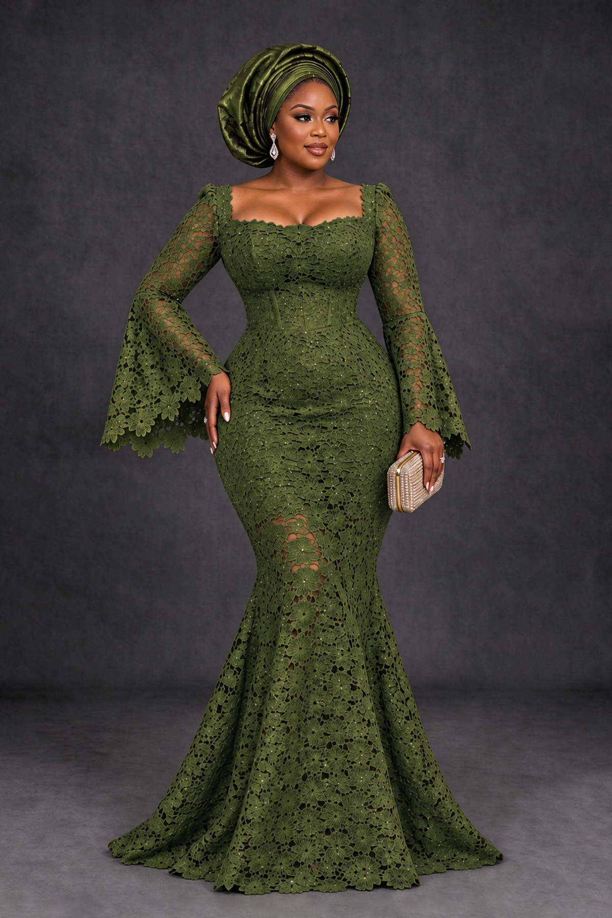 BOLODOO Olive Green African Lace Mermaid Dress, Plus Size Nigerian Wedding Guest Gown with Bell Sleeves - Olive Green - Olive Green_1