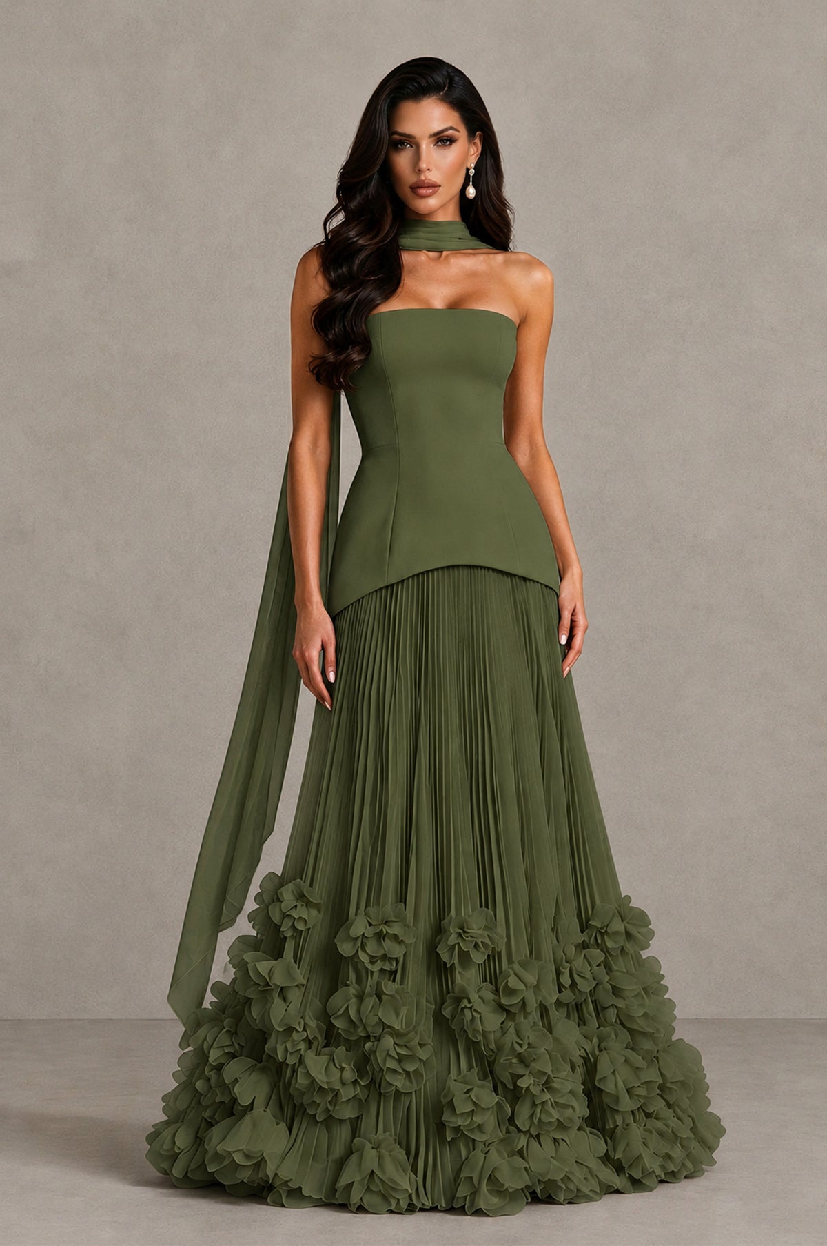 BOLODOO Olive Green Strapless Pleated Floral Hem Evening Gown - Olive Green - Olive Green_1