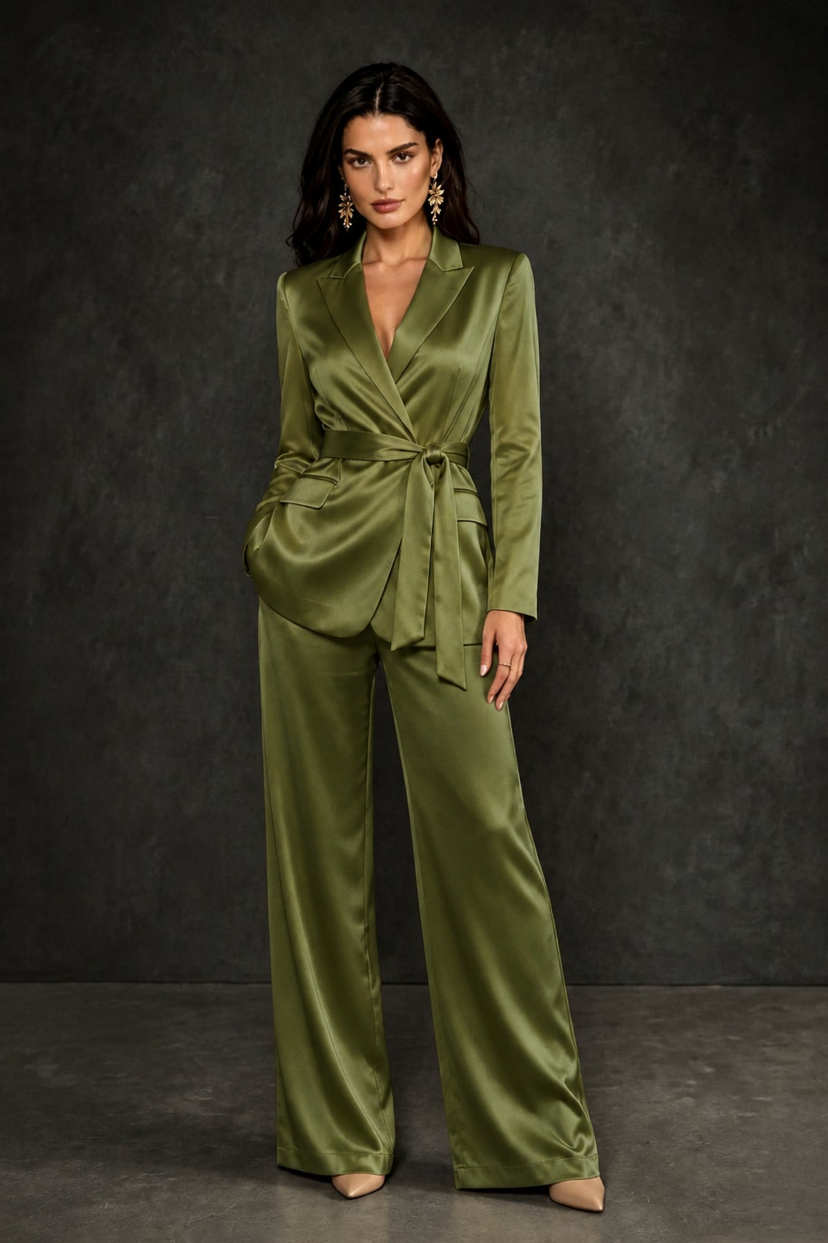 BOLODOO Olive Green Satin Wrap Blazer Wide-Leg Pants Two-Piece Suit Set – Evening Gala Wedding Guest - Olive Green