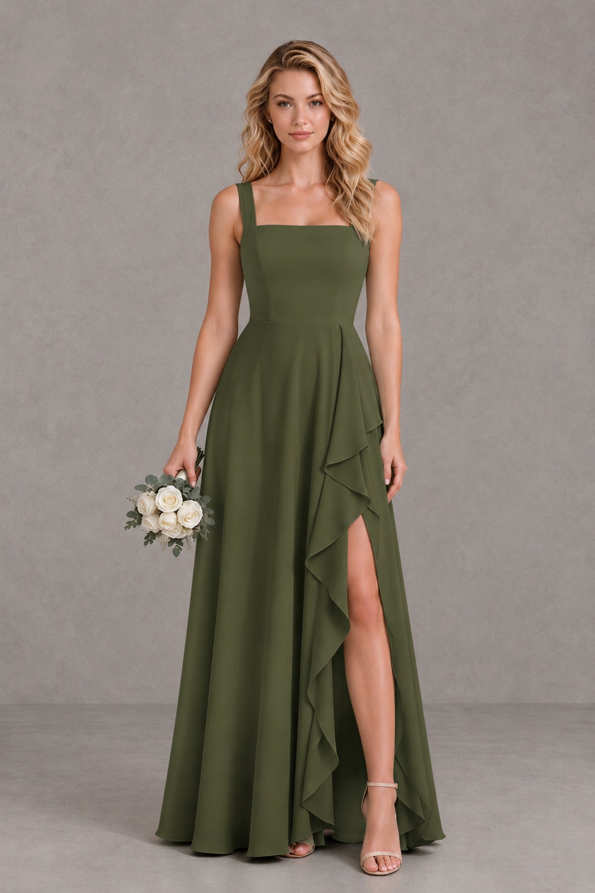 BOLODOO Olive Green Square Neck Ruffle A-Line Bridesmaid Dress with Slit - Olive Green - Olive Green_1