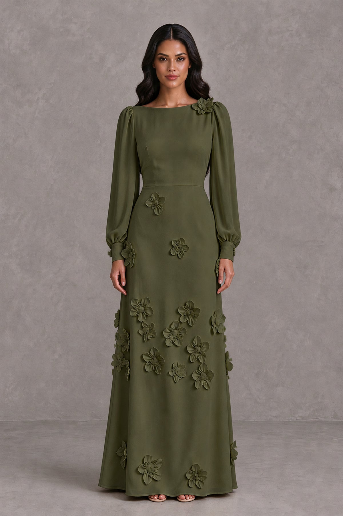 BOLODOO Olive Green Long Sleeve Floral Applique A-Line Evening Dress - Olive Green - Olive Green_1