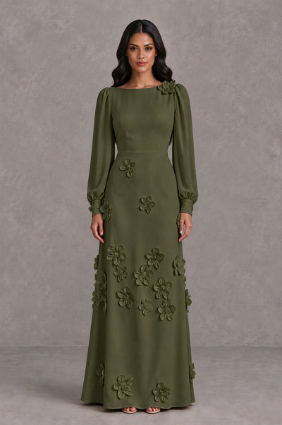 BOLODOO Olive Green Long Sleeve Floral Applique A-Line Evening Dress - Olive Green - Olive Green_1