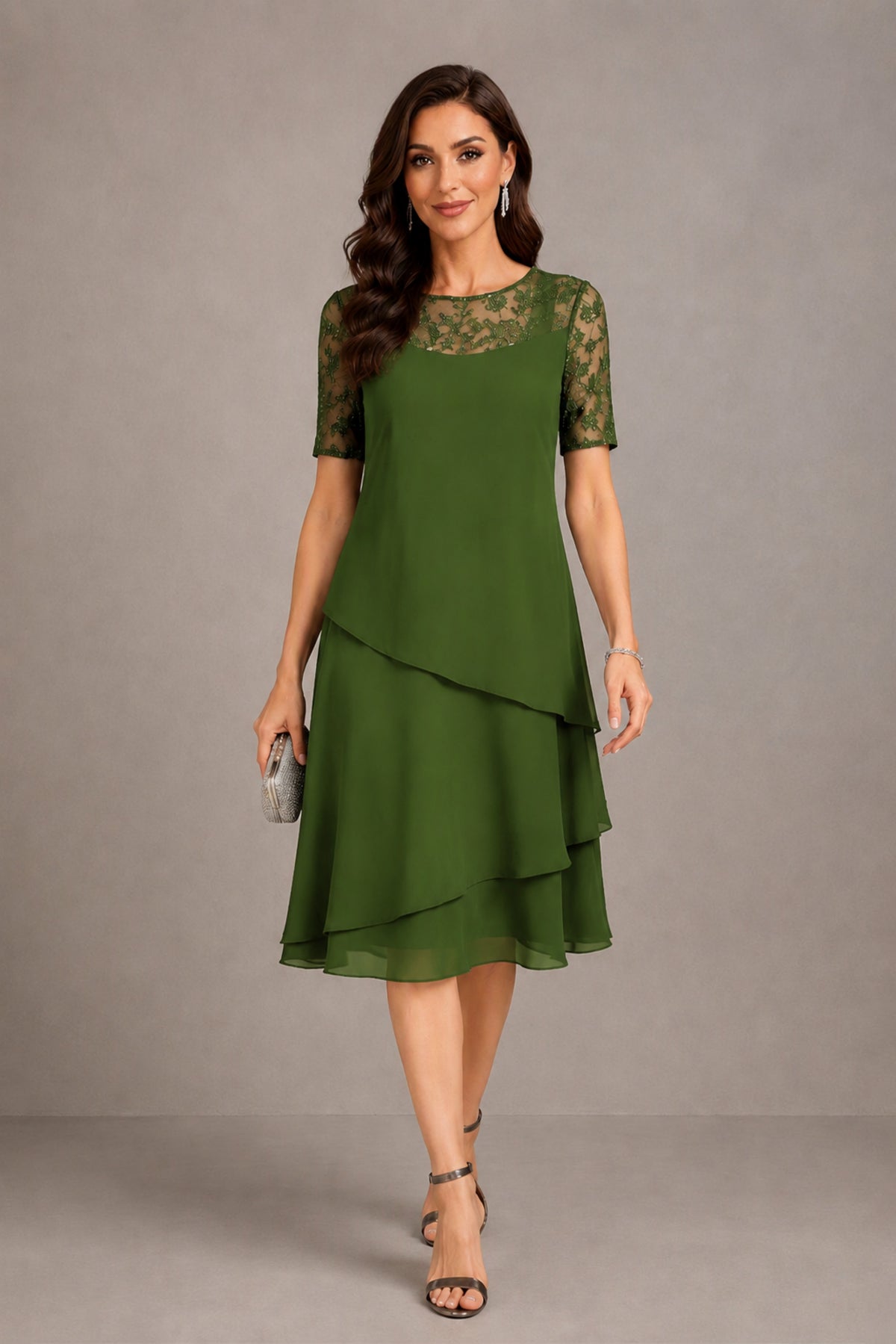 BOLODOO Olive Green Illusion Lace Short Sleeve Tiered Chiffon Tea Length Dress | Mother of the Bride Midi Dress - Olive Green