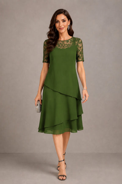 BOLODOO Olive Green Illusion Lace Short Sleeve Tiered Chiffon Tea Length Dress | Mother of the Bride Midi Dress - Olive Green