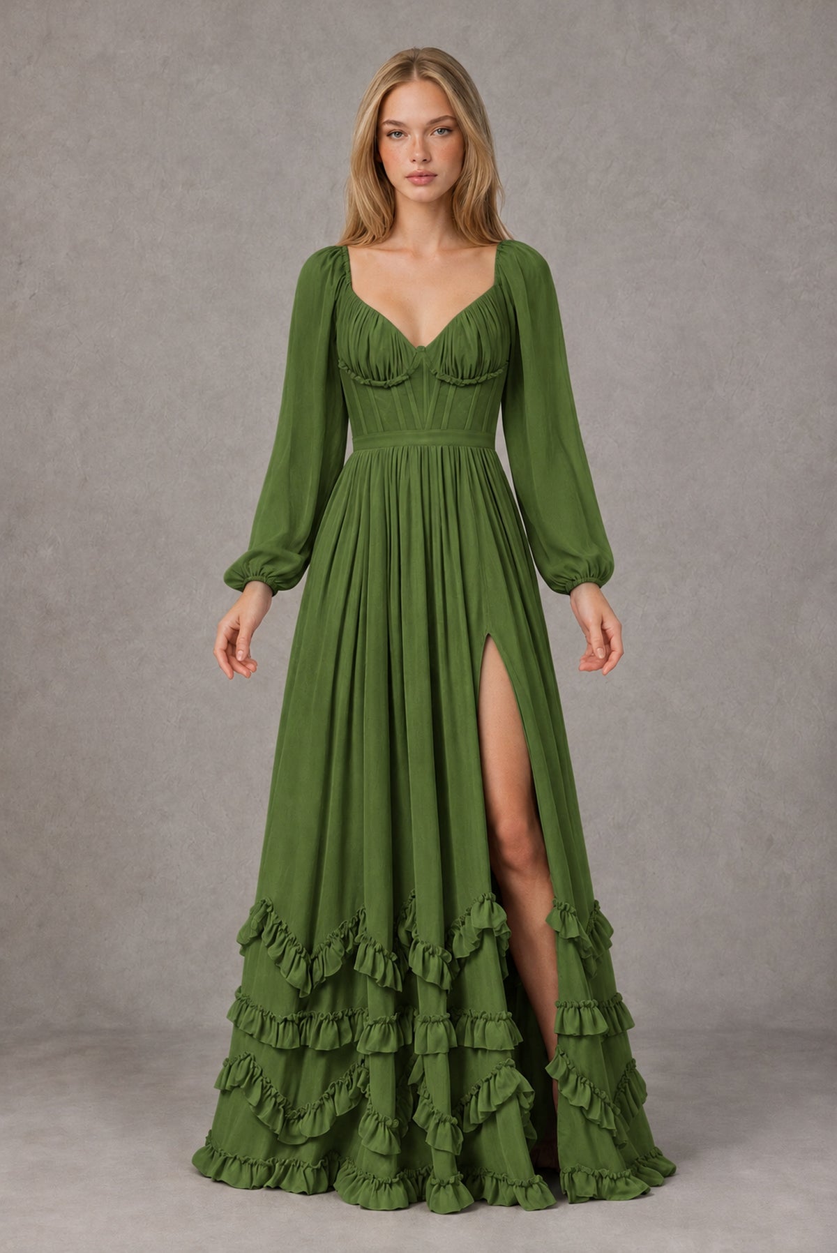 Olive Green Long-Sleeve Ruffle Maxi Dress with Lace-Up Back and Slit - Olive Green