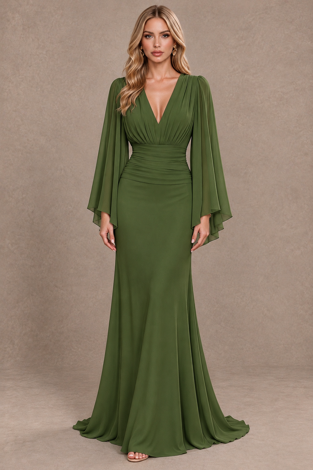 BOLODOO Olive Green Cape Sleeve V-Neck Ruched Chiffon Evening Dress - Olive Green - Olive Green_1