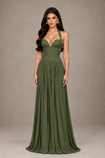 BOLODOO Olive Green Halter Corset Pleated A-Line Evening Dress - Olive Green - Olive Green_1