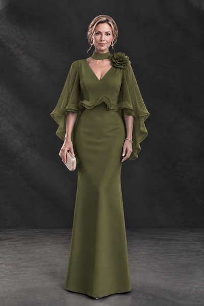 BOLODOO Olive Green Floral Cape Sleeve Mother of the Bride Dress - Olive Green - Olive_Green_1