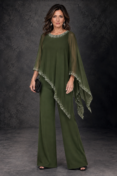 BOLODOO Olive Green Embellished Cape Mother of the Bride Pantsuit - Olive Green - Olive_Green_1