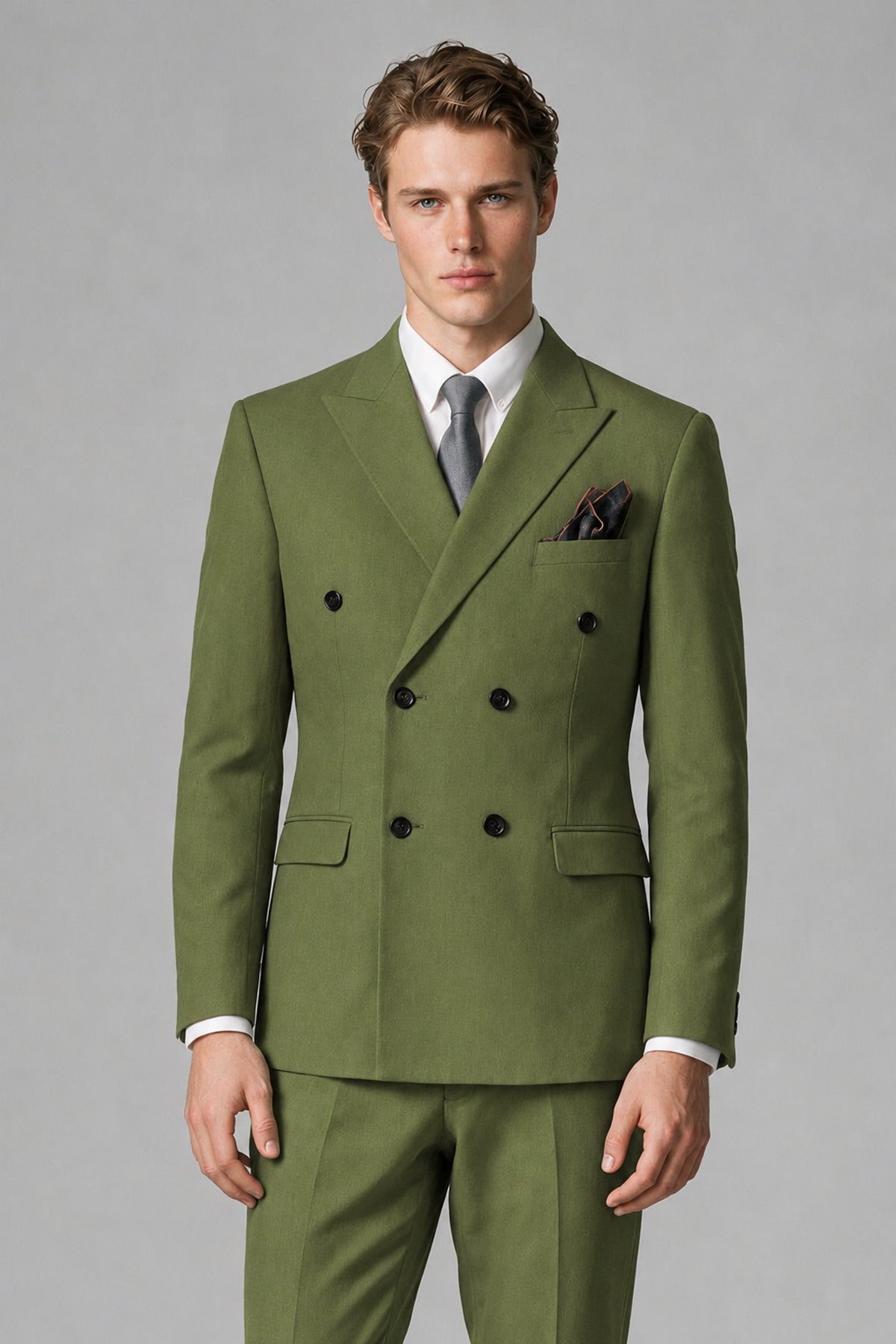 Bolodoo Men's Olive Green Double-Breasted Two-Piece Suit with Peak Lapels - Olive Green - Olive Green_1