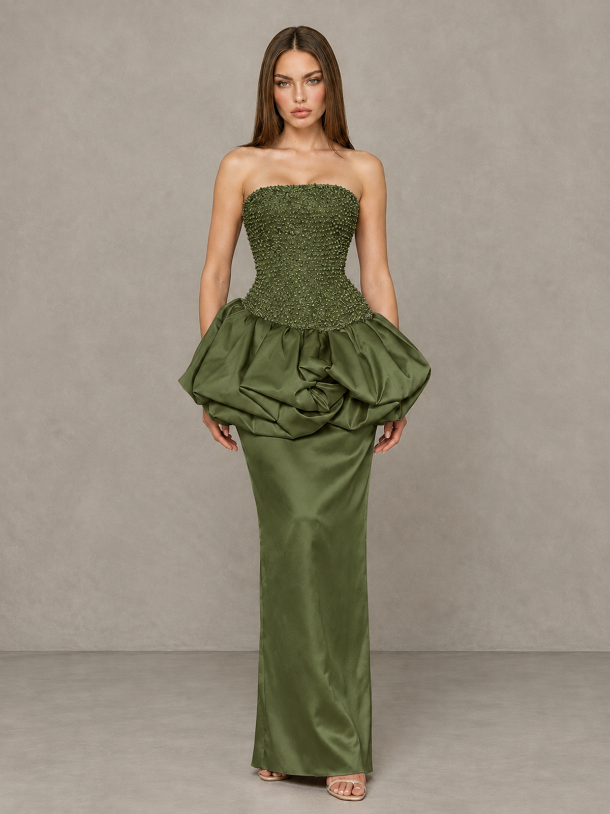 BOLODOO Olive Green Strapless Embellished Bubble Peplum Evening Dress - Olive Green - Olive Green_1