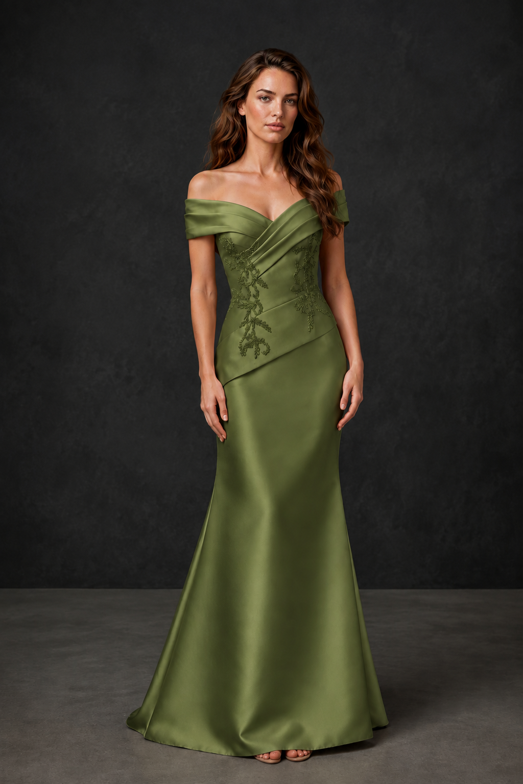 BOLODOO Olive Green Satin Off-Shoulder Sweetheart Asymmetric Peplum Mermaid Gown with Olive Green Floral Embroidery | MOB Evening Dress - Olive Green