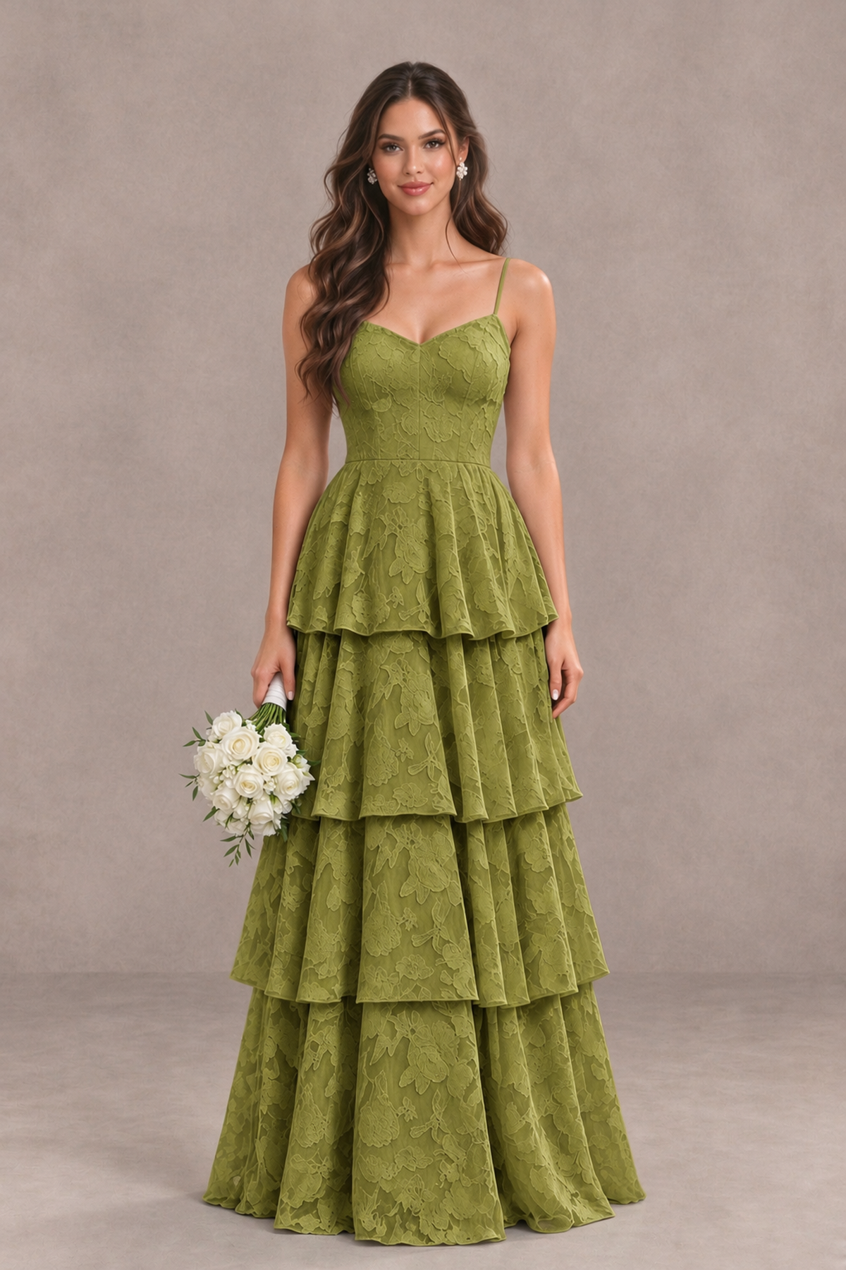 BOLODOO Olive Green Tiered Floral-Textured Spaghetti Strap Maxi Dress - Olive Green - Olive Green_1