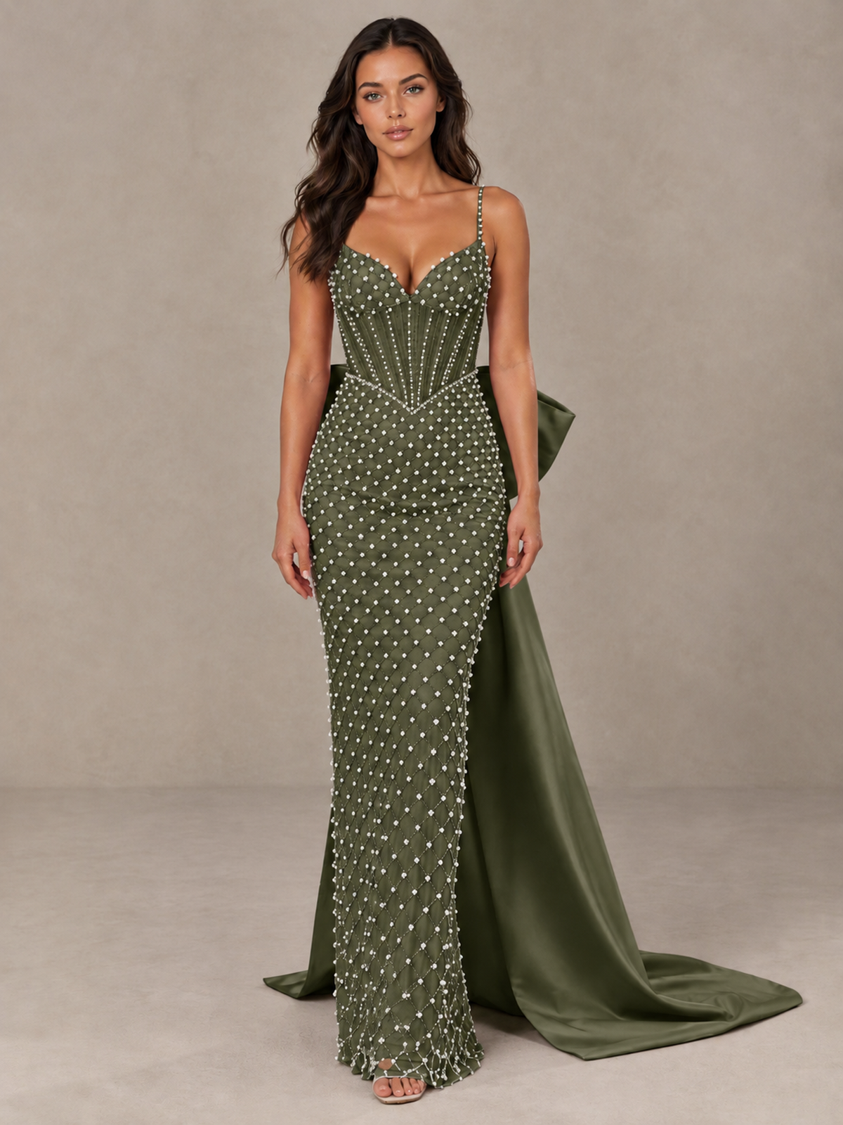 BOLODOO Olive Green Beaded Corset Prom Dress with Bow Train - Olive Green - Olive_Green_1