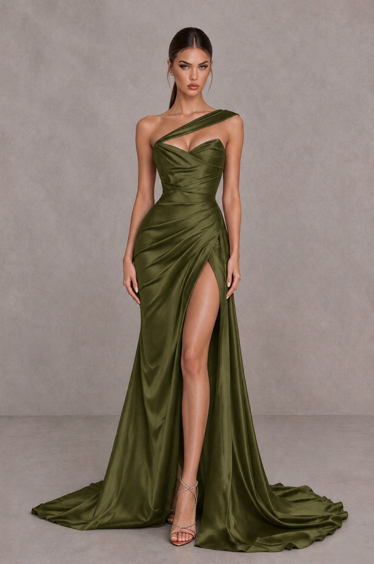 BOLODOO Olive Green One Shoulder Satin Mermaid Evening Dress with Ruched Slit Skirt - Olive Green - Olive Green_1